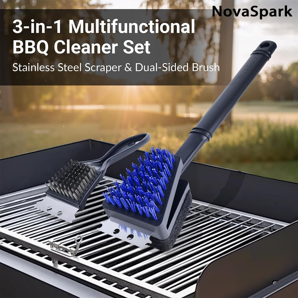 Skiennix Nylon Grill Brush - Safe Bristle-Free BBQ Cleaning Kit | 3-Piece Set for Outdoor Grills