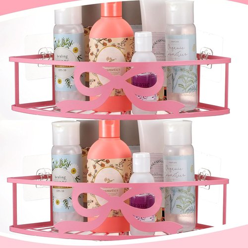 Coquette Corner Shower Caddy - No Drilling Pink Shower Shelves with 5 Adhesive Hooks | 2 Pack