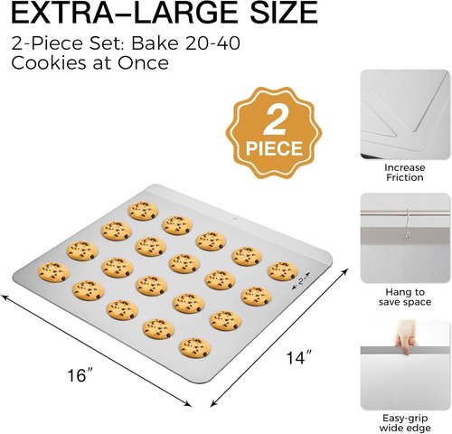 HONGBAKE Large Flat Cookie Sheet Set - Nonstick Insulated Baking Pans, 16" X 14", Grey