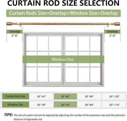 Adjustable 5/8” Diameter Wood Grain Curtain Rods by [Brand Name] | 30-60 Inch for 30-54 Inch Windows - 2 Pack with Brackets