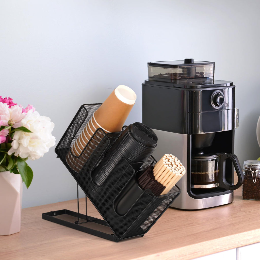 Cairondin Paper Cup and Lid Holder with Straw Organizer for Countertop Coffee Station Bar Restaurant Breakroom, Metal Midsize Disposable Coffee Cup Dispenser for Plastic Cup Lid Straw, Black