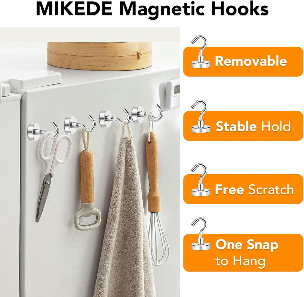 MIKEDE Magnetic Hooks - Heavy Duty 50Lbs+ Neodymium Magnet Hooks for Storage | Pack of 4
