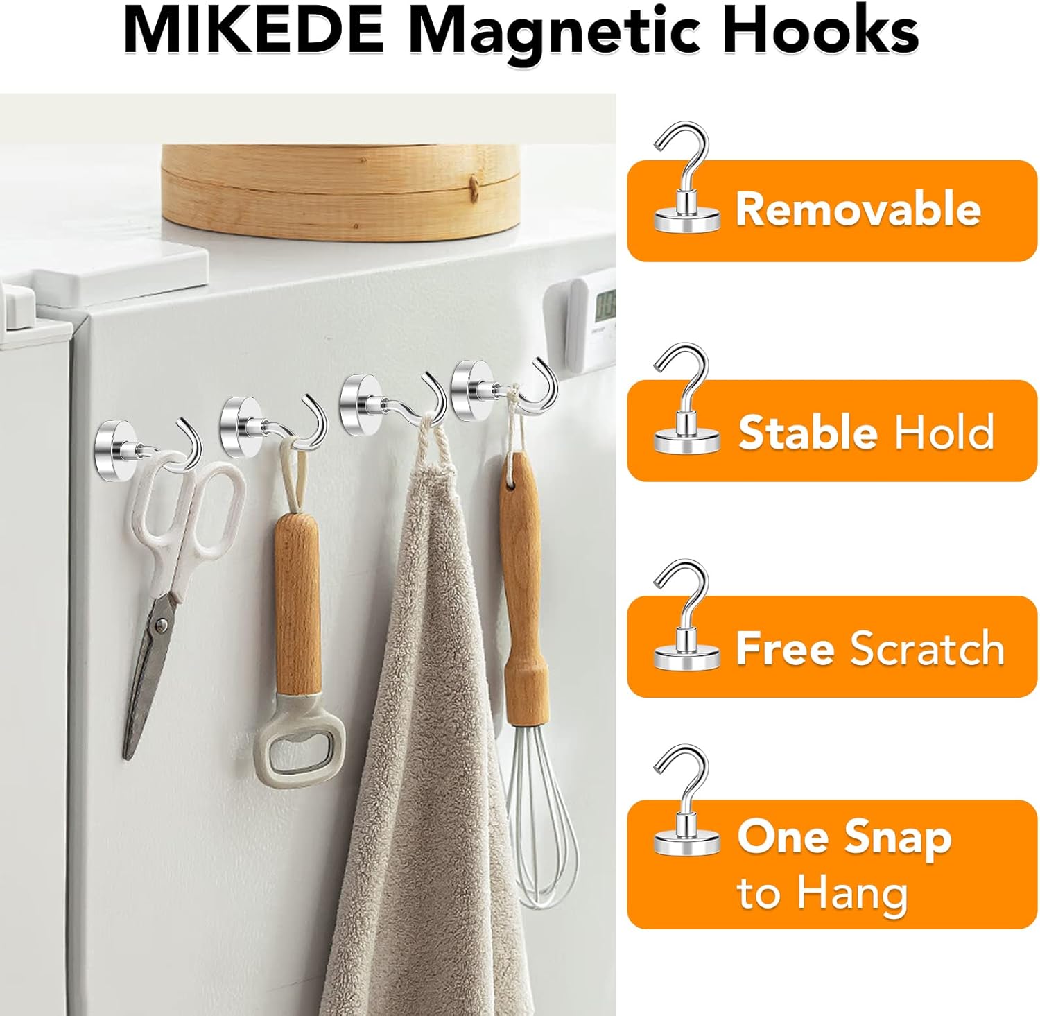 MIKEDE Magnetic Hooks - Heavy Duty 50Lbs+ Neodymium Magnet Hooks for Storage | Pack of 4