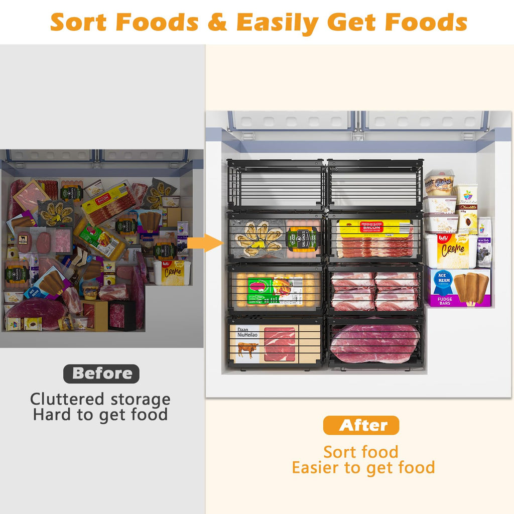 NADAMOO Freezer Organizer Bins, 4 Packs Large Expandable Stackable Chest Freezer Containers with Handle, Metal Adjustable Storage Baskets for Fridge, Deep Freezer, Cabinet, Kitchen, Pantry - Black