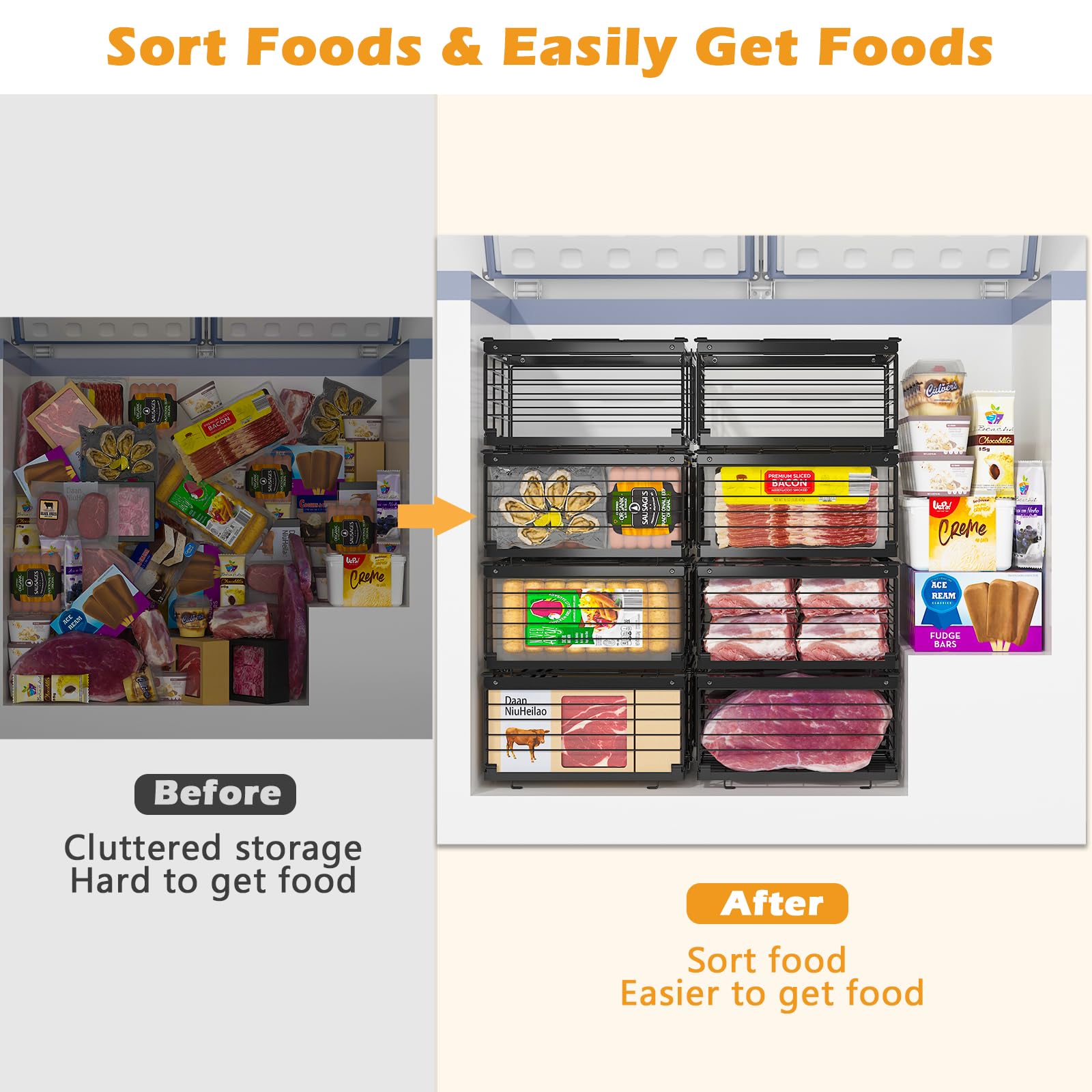 NADAMOO Freezer Organizer Bins, 4 Packs Large Expandable Stackable Chest Freezer Containers with Handle, Metal Adjustable Storage Baskets for Fridge, Deep Freezer, Cabinet, Kitchen, Pantry - Black