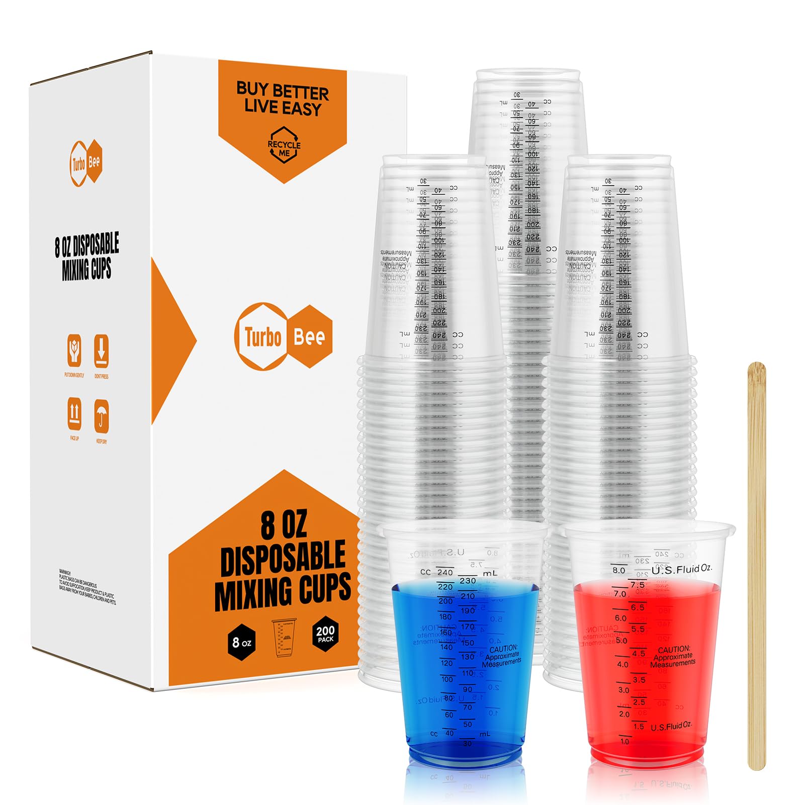 Turbo Bee Plastic Measuring Cups 8OZ,200 PACK Disposable Mixing Cups with 200 Mixing Sticks,Paint Graduated Measuring Tumblers for Epoxy Resin, Paint Mixing, Art DIY