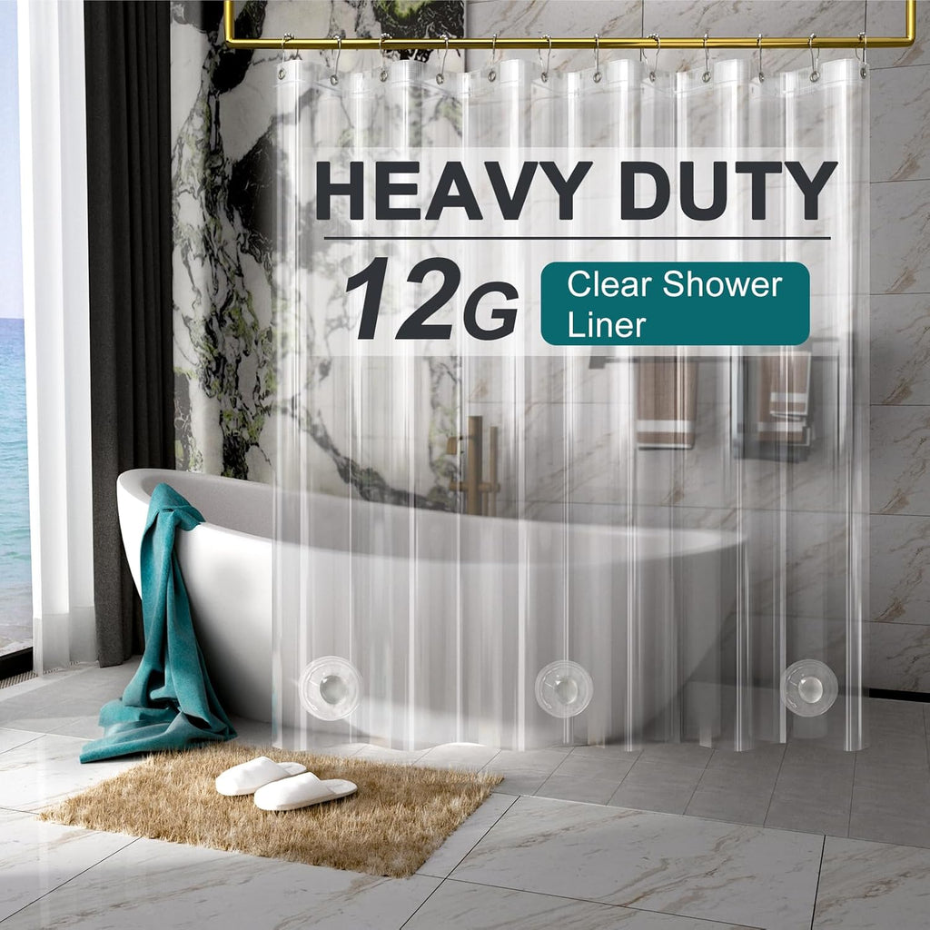 AmazerBath Heavy Duty Shower Curtain Liner - 12 Gauge, 72 x 65 Inches, Clear with 3 Stones & 12 Grommets