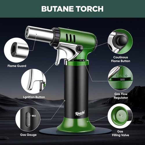 KOACKL Refillable Butane Torch - Adjustable Flame with Fuel Gauge & Safety Lock - Ideal for Welding & Resin Art