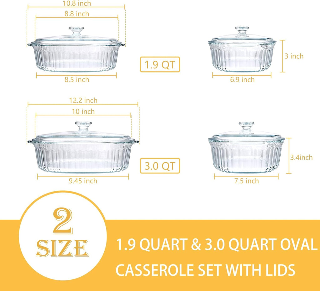 Skiennix Glass Casserole Baking Dishes Set - 2 Pack with Lids, 1.9 Qt & 3 Qt for Lasagna & Casseroles