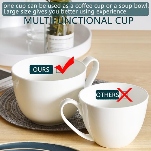 White Large Bone China Coffee Mugs Set of 6, 22 OZ Over 45% Bone China Content Oversized Porcelain Mugs for Cereal, Lightweight Soup Cups with Handles for Salad Tea, Hot Chocolate Cocoa Modern Design