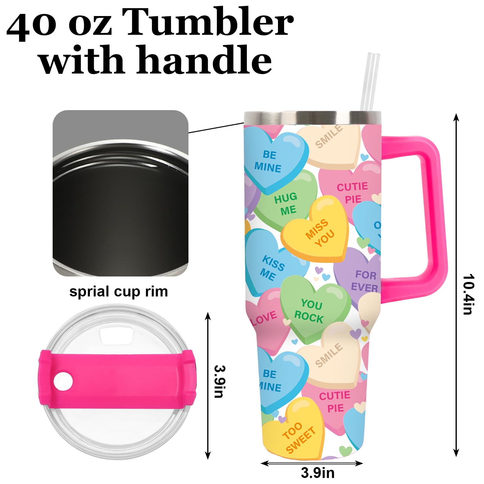 JarThenaAMCS Valentine's Day Tumbler with Lid Straw Stainless Steel Cup 40oz Colorful Conversation Heart Tumbler with Handle for Home Office Travel