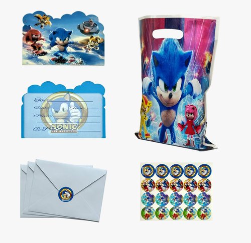 Rovercci 20 Sonic invitation card & 20 white envelopes with 20 stickers and 20 Sonic Goodie and candies Bags party favor with handles for birthday party decoration and supplies