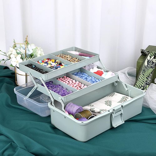 BTSKY Craft Organizer - 3-Layer Plastic Storage Box with Adjustable Spacers | Portable Haze Green Art Supply Box