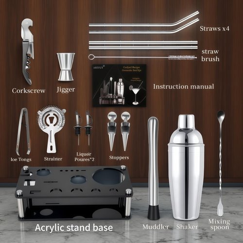 ARTFLY 18-Piece Professional Cocktail Shaker Set and Bartender Kit with Stand, Stainless Steel Bar Tools Gift Set with Muddler, Jigger, Mixing Spoon for Home Bar and Mixology