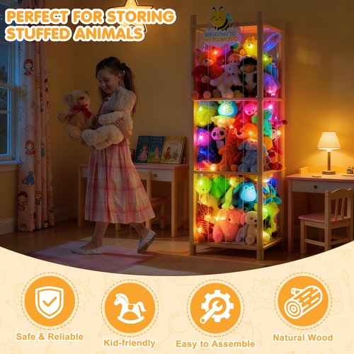 Hsenowi Stuffed Animal Storage Zoo Organizer Natural Pine Plushies Storage with Elastic Bands Vertical Wood Toy Holder Mesh Net Space Saving Design for Playroom Nursery Kids Bedroom