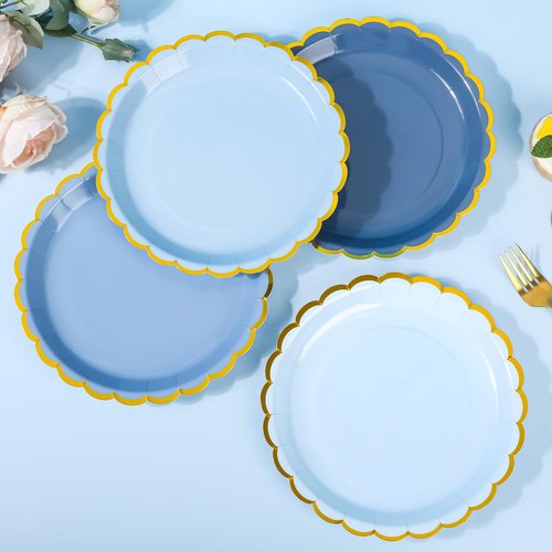 AimFun 48 Pcs Dusty Blue Scalloped Party Plates Gold Foil Border Paper Plates Disposable 9inch Gradient Serving Plates for Birthday Wedding Bridal Baby Shower Party Supplies