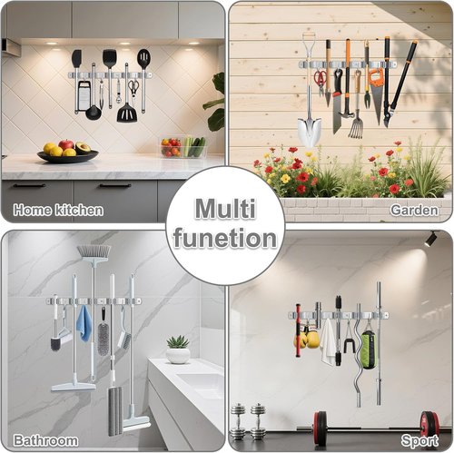 HANZENMA Broom Holder Wall Mount - Heavy-Duty Stainless Steel Organizer for Home & Garage | 5 Racks, 4 Hooks