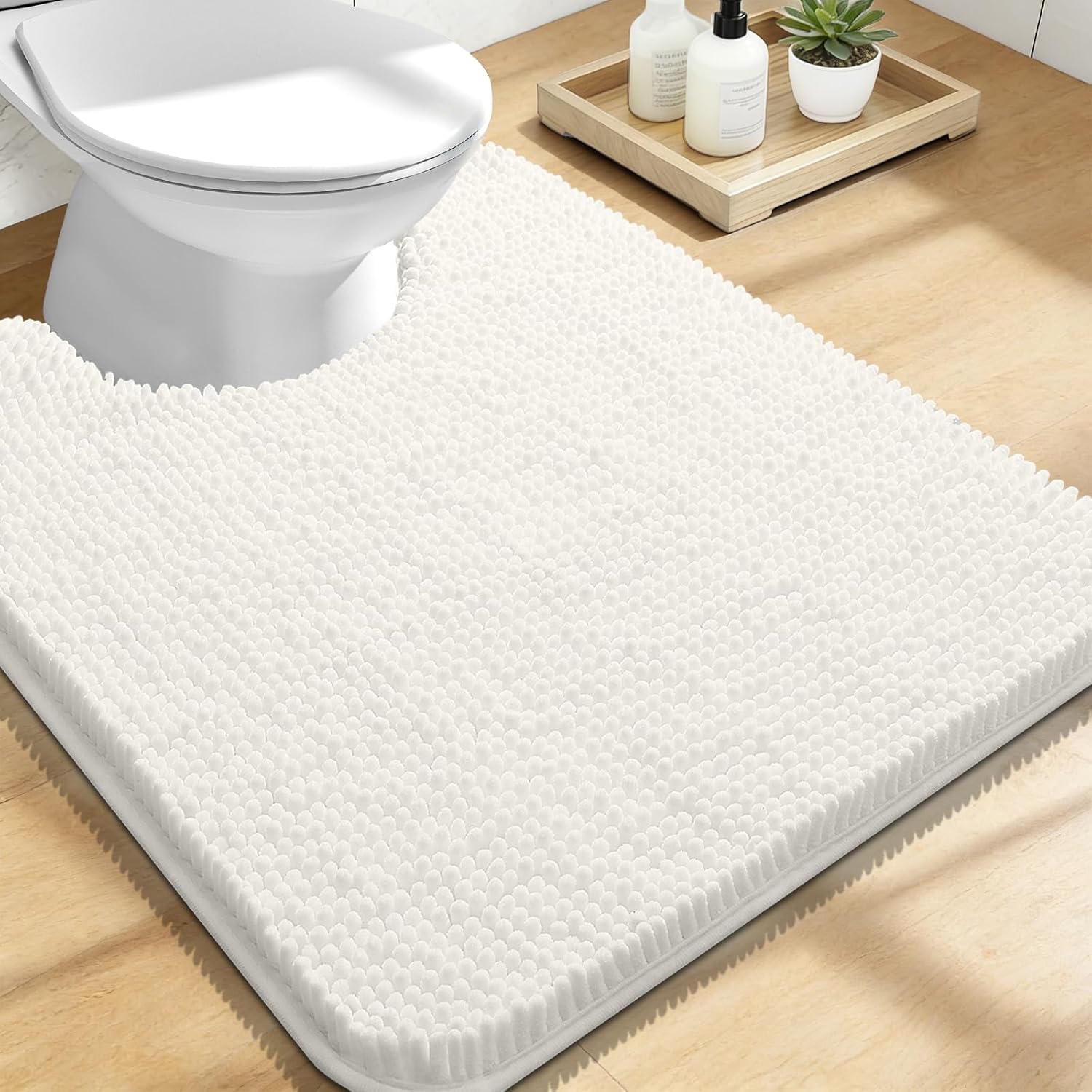 OLANLY U-Shaped Toilet Rugs - Extra Soft Chenille Bathroom Mat, 24x20, Quick-Dry & Non-Slip, Ivory