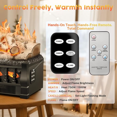 KISSAIR Electric Fireplace Log Inserts Heater, 21'' Freestanding Electric Fireplace Log Set, 5 Flame Brightness, 5 Flicker Speed, Heater 750W/1500W with Remote Control, Overheat Protection
