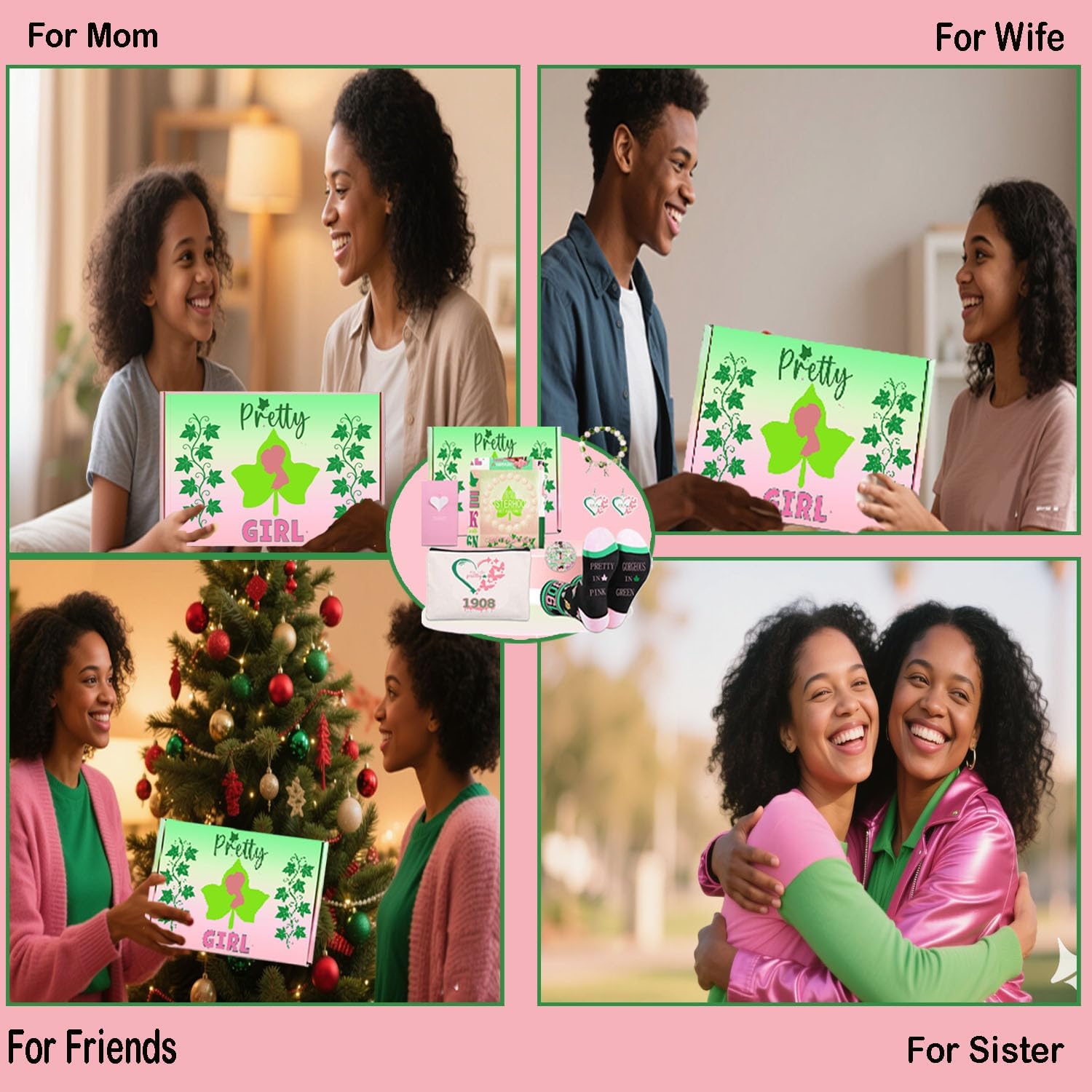 Farmansion AKA Gifts for Women, 7pcs Gift Set for AKA Lovers, Pink and Green Throw Blanket, Sisterhood Present with Novelty Socks,Make Up Bag,Bracelets,Earrings,Stickers