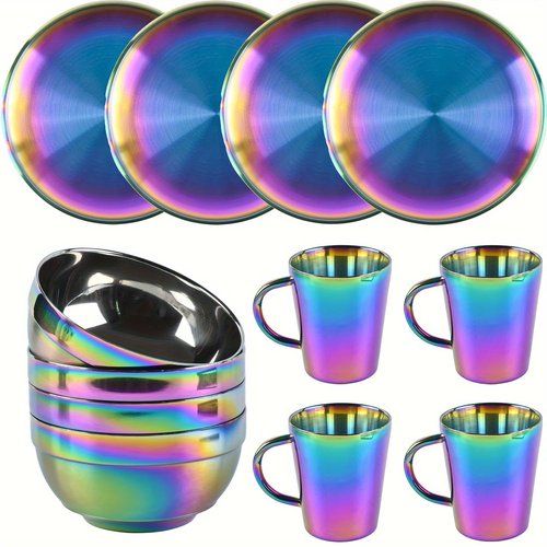 JEPISADI Stainless Steel Dinnerware Set - Plates and Bowls Set With Coffee, Pasta, Kitchen Utensils - KITCHEN AND DINING Essentials- is Dishwasher Safe and Microwave Safe （Rainbow）