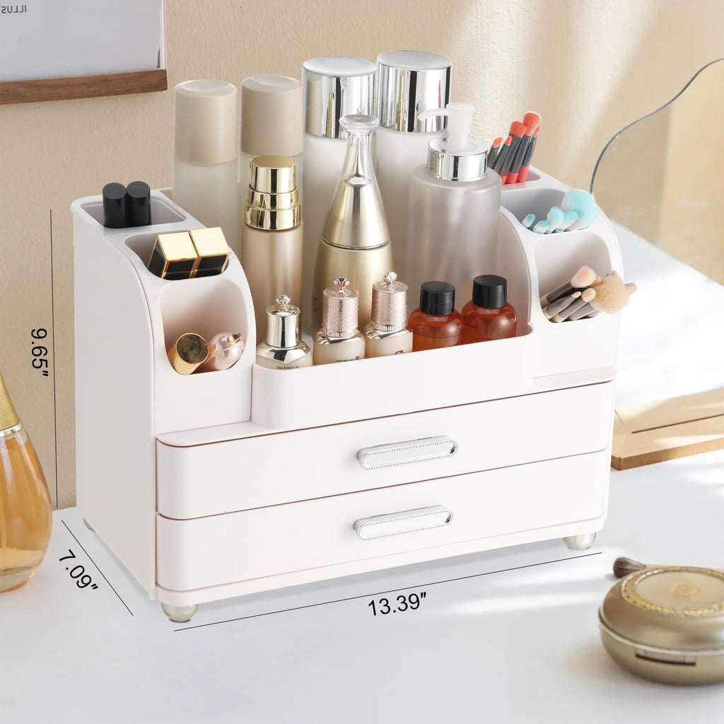 Dozesheep Large Makeup Organizer Countertop with Drawers, Make Up Organizer for Vanity, Makeup Storage Organizer Countertop Makeup Organizers for Skincare, All White