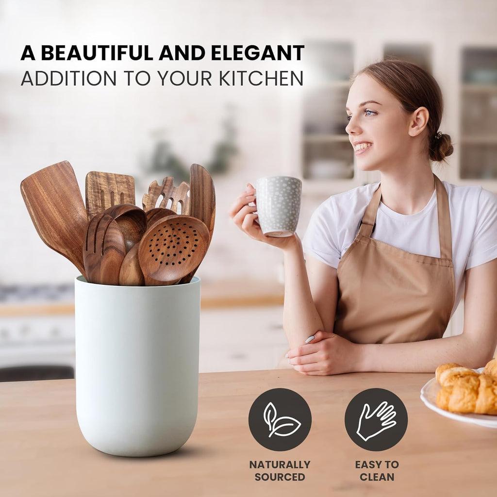 Zulay Kitchen 9-Piece Teak Wooden Utensil Set - Premium Non-Stick Cooking Tools in Gift Box | Comfortable Grip