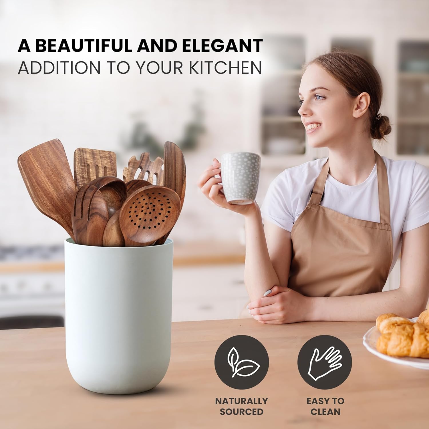 Zulay Kitchen 9-Piece Teak Wooden Utensil Set - Premium Non-Stick Cooking Tools in Gift Box | Comfortable Grip