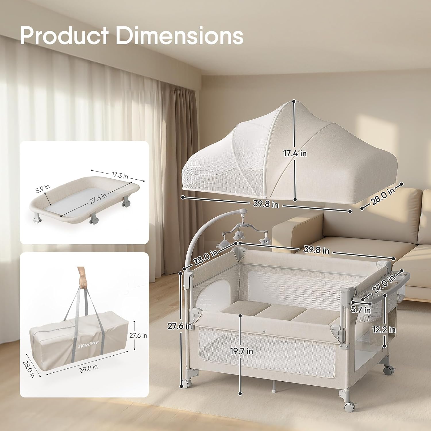 TinyGlow 4-in-1 Baby Bassinet - Portable Crib with Mattress, Mosquito Net & Diaper Changer | Quick Assembly