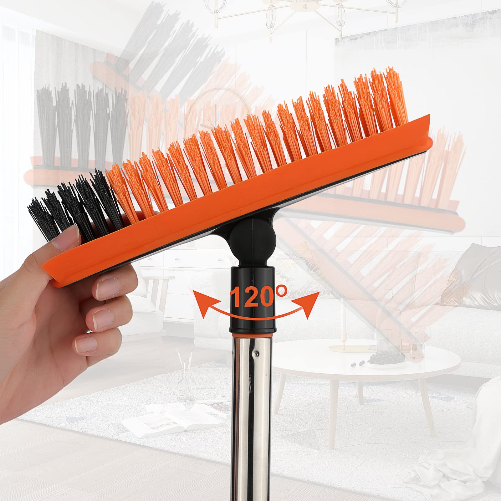 2 in 1 Floor Scrub Brush Grout Brush with 57.8" Long Handle,120°Rotatable Shower Tile Grout Cleaner Scrubber,V-Shaped Corner Brush for Hard to Reach Areas (Orange)