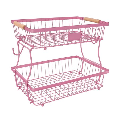 Lawhood-Mijin Fruit Basket Bowl 2 Tier Detachable with 2 Banana Hangers, Fruit Stand Holder for Kitchen Countertop, Metal Wire Vegetable Storage Organizer, for Bread Snack Veggies Produce, pink