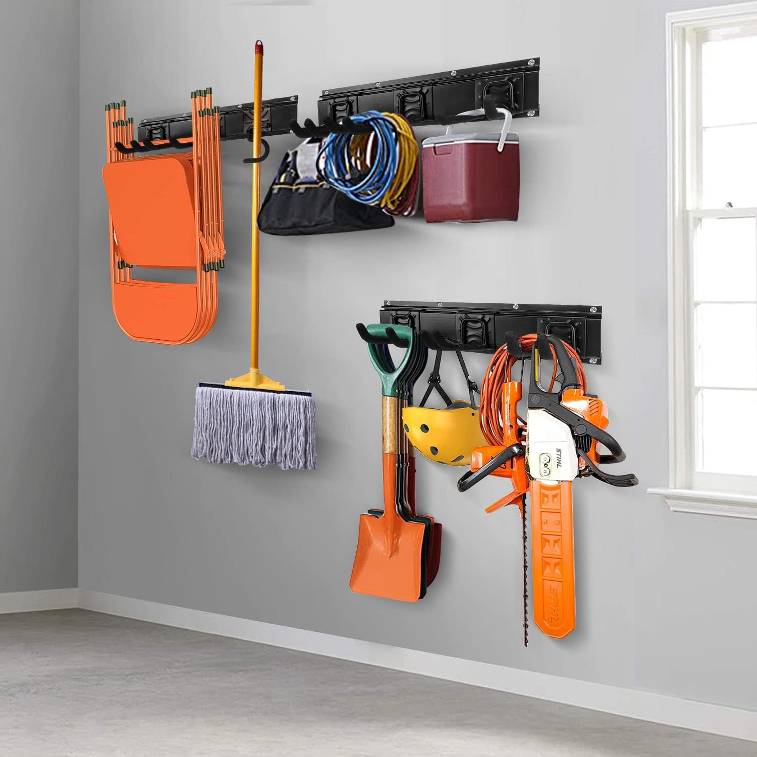 SMARTOLOGY Heavy-Duty Steel Garage Tool Storage Rack - 150 lbs Capacity | Weather-Resistant Wall Mount Organizer for Shovels, Rakes & Ladders