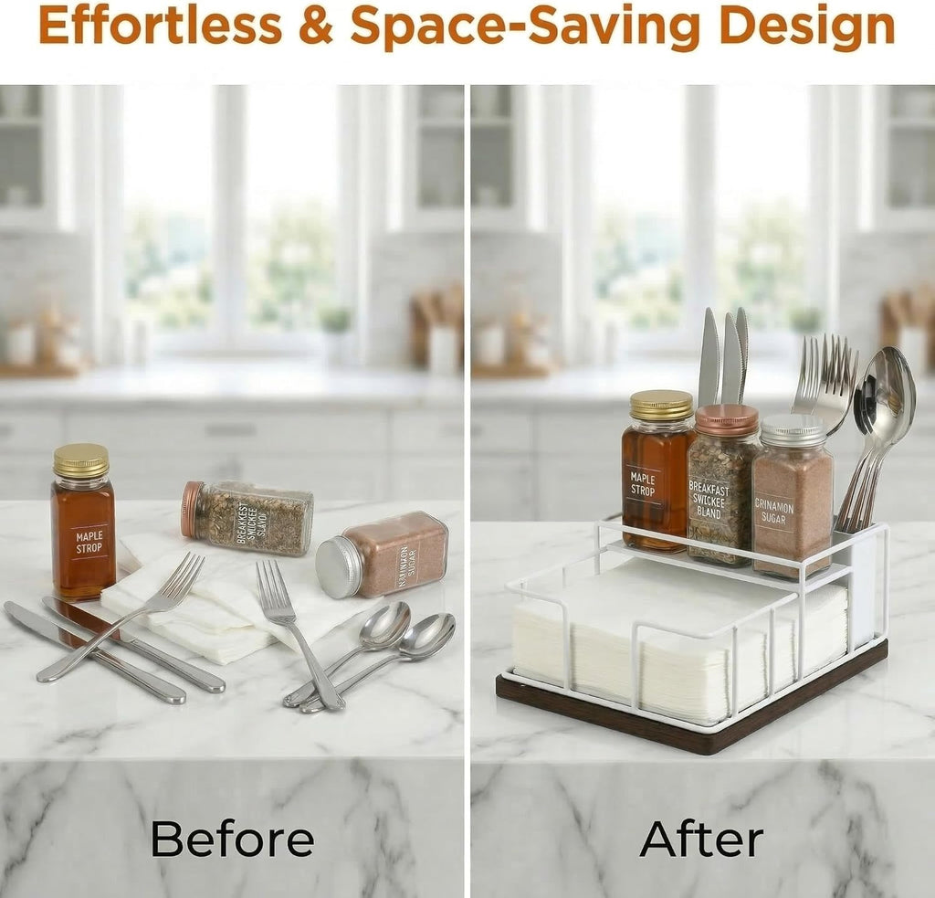 Wood & Metal Napkin Holder by [Brand Name] - 3-in-1 Utensil Caddy & Spice Rack for Kitchen or Patio (White)