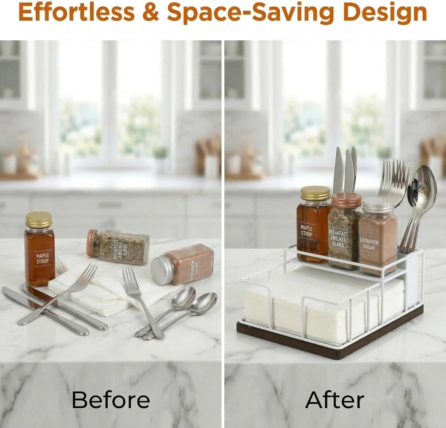 Wood & Metal Napkin Holder by [Brand Name] - 3-in-1 Utensil Caddy & Spice Rack for Kitchen or Patio (White)