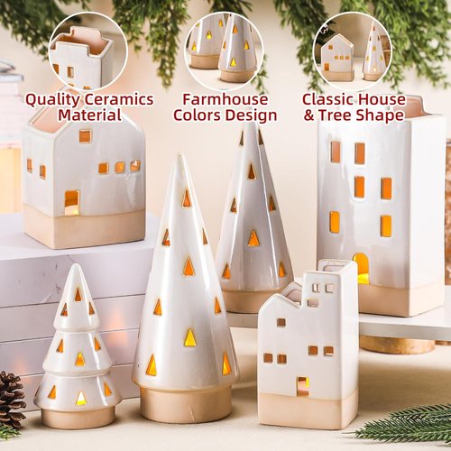 Beeveer Christmas Ceramic Buildings Decoration Set - 6 Pcs Tealight Candle Holders | 4.4" to 9.4" Winter Village Centerpiece