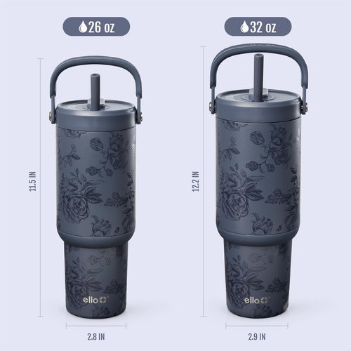 Ello Oasis Go+ 26oz Tumbler with Top Handle and Retracting Straw | Reusable Insulated Stainless Steel Cup, 100% Leakproof Water Bottle, 24 Hours Cold, Cup Holder Friendly For Travel | Rose Navy