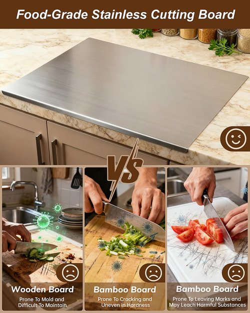 GVUHR 304 Stainless Steel Cutting Board for Kitchen- Large L-Shaped Bread Board,Double-Sided Chopping Board for Baking,Non Adhesive Bread Cutting Board (Large)