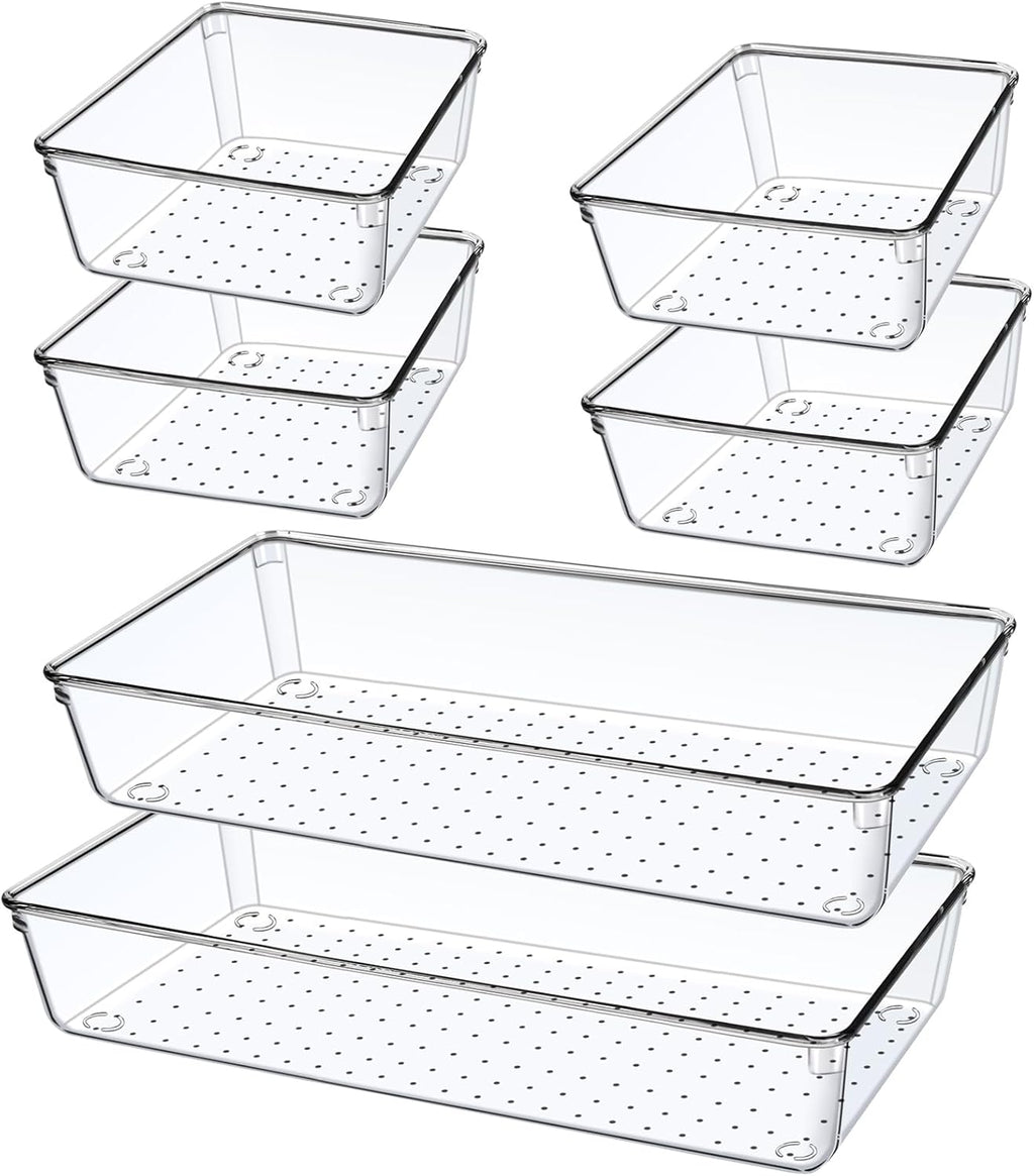 Skiennix Clear Plastic Drawer Organizer Tray - 6 PCS Large Size for Bathroom, Vanity & Office | 12'' Bins