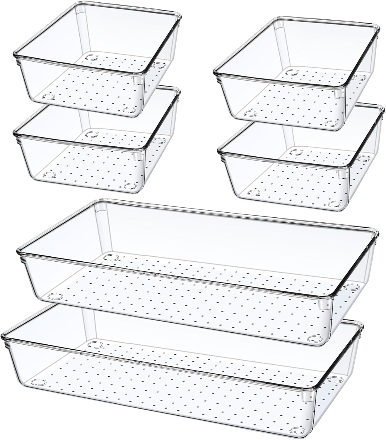 Skiennix Clear Plastic Drawer Organizer Tray - 6 PCS Large Size for Bathroom, Vanity & Office | 12'' Bins