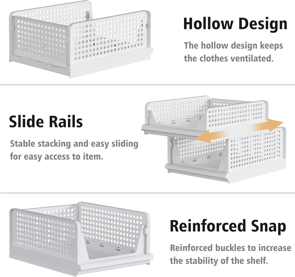 Proarea Stackable Storage Bins - 5 Pack Foldable Closet Organizers for Clothes | White Plastic Drawer Baskets