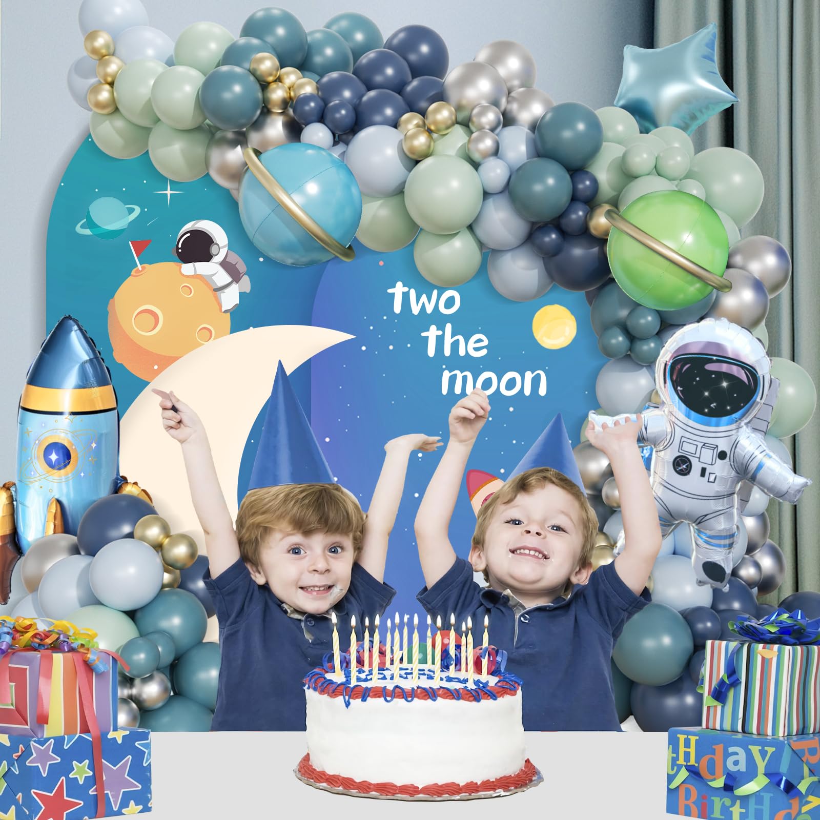 167pcs Space Balloons Arch Kit - Outer Space Party Decorations with Astronaut Rocket Blue Green Balloons for Baby Shower