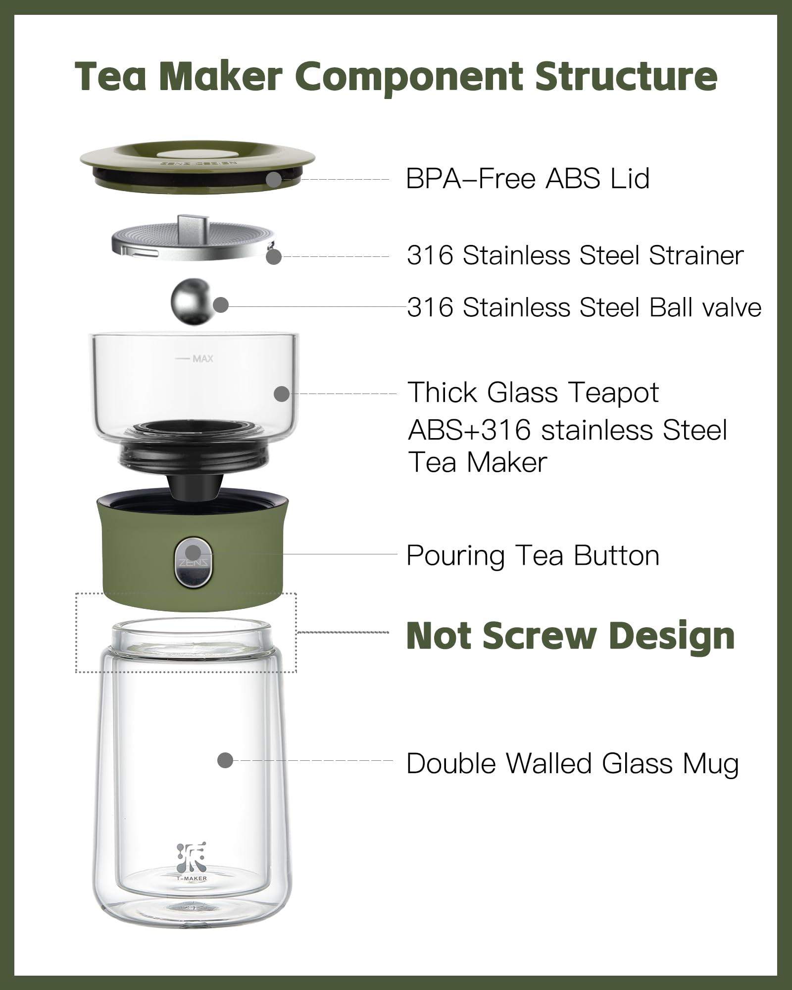ZENS Modern Glass Infuser Teapot, Smart One Touch Tea Maker for Loose Tea Diffusers with Insulated Mug and Portable Case, Enchanted Teapot Alternatives for Tea Lover Gifts