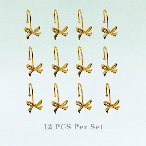 Dylrauoza Gold Shower Curtain Hooks, 12 Pack Bow Shower Curtain Rings, Decorative Metal Rust Proof Curtain Hangers with 3D Ribbon Design, Cute Coquette Bathroom Decor