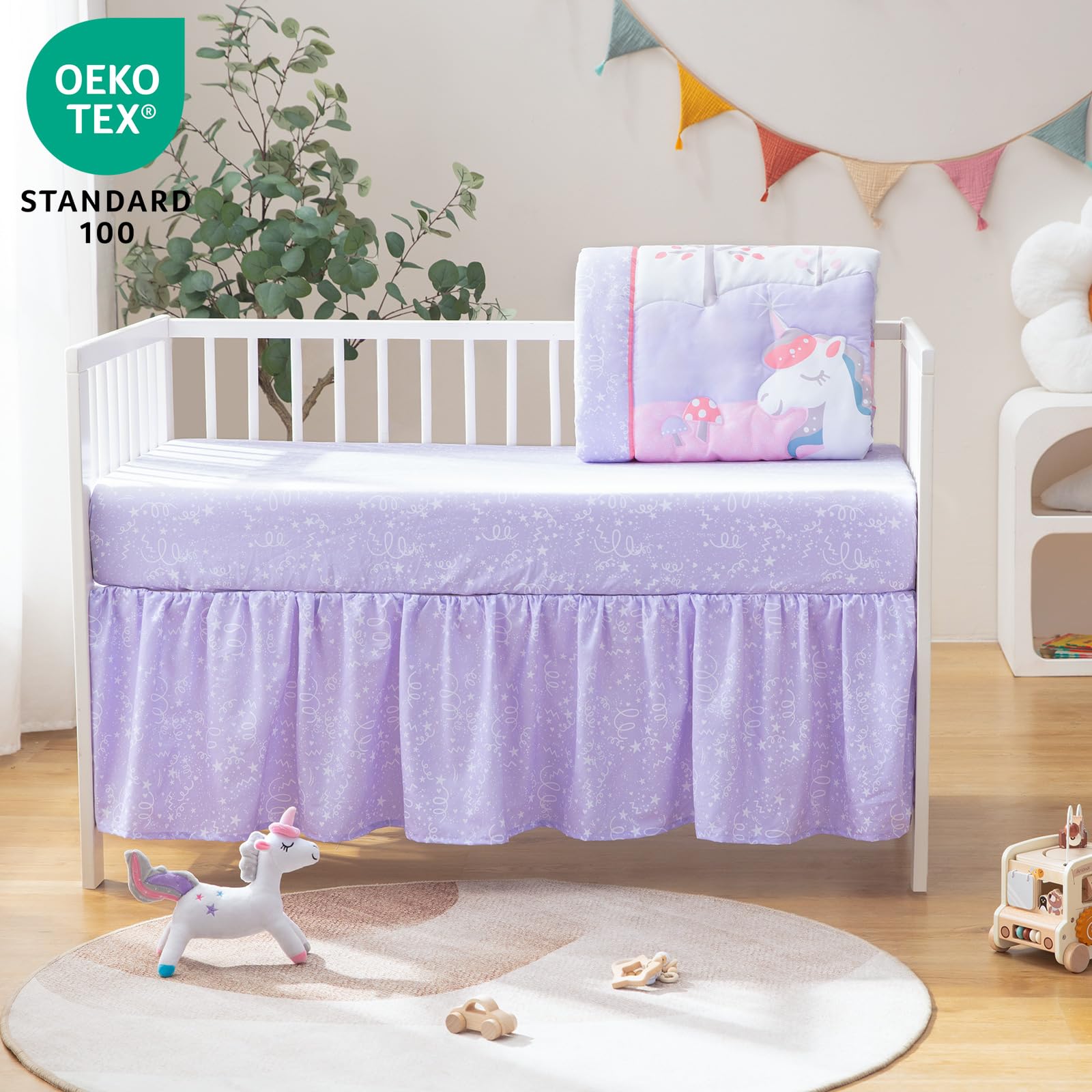 TCOYIWL 4-Piece Crib Bedding Set for Baby Boys Girls, Infant Toddler Nursery Baby Bedding Sets Includes Cartoon Quilt, Fitted Crib Sheet, Crib Skirt and Plush Unicorn Toy