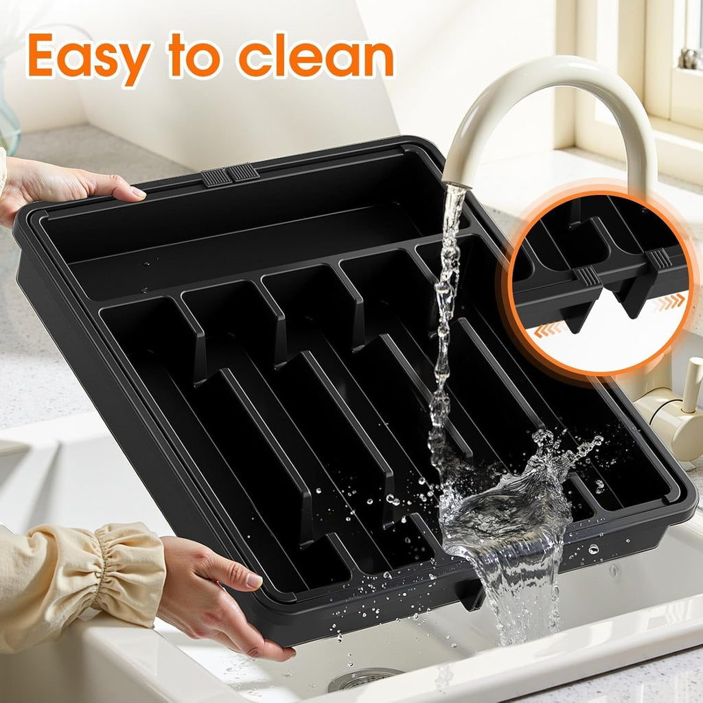 SpaceHacks Adjustable Silverware Organizer - Expandable Utensil Holder for Kitchen Drawers, Large, Black