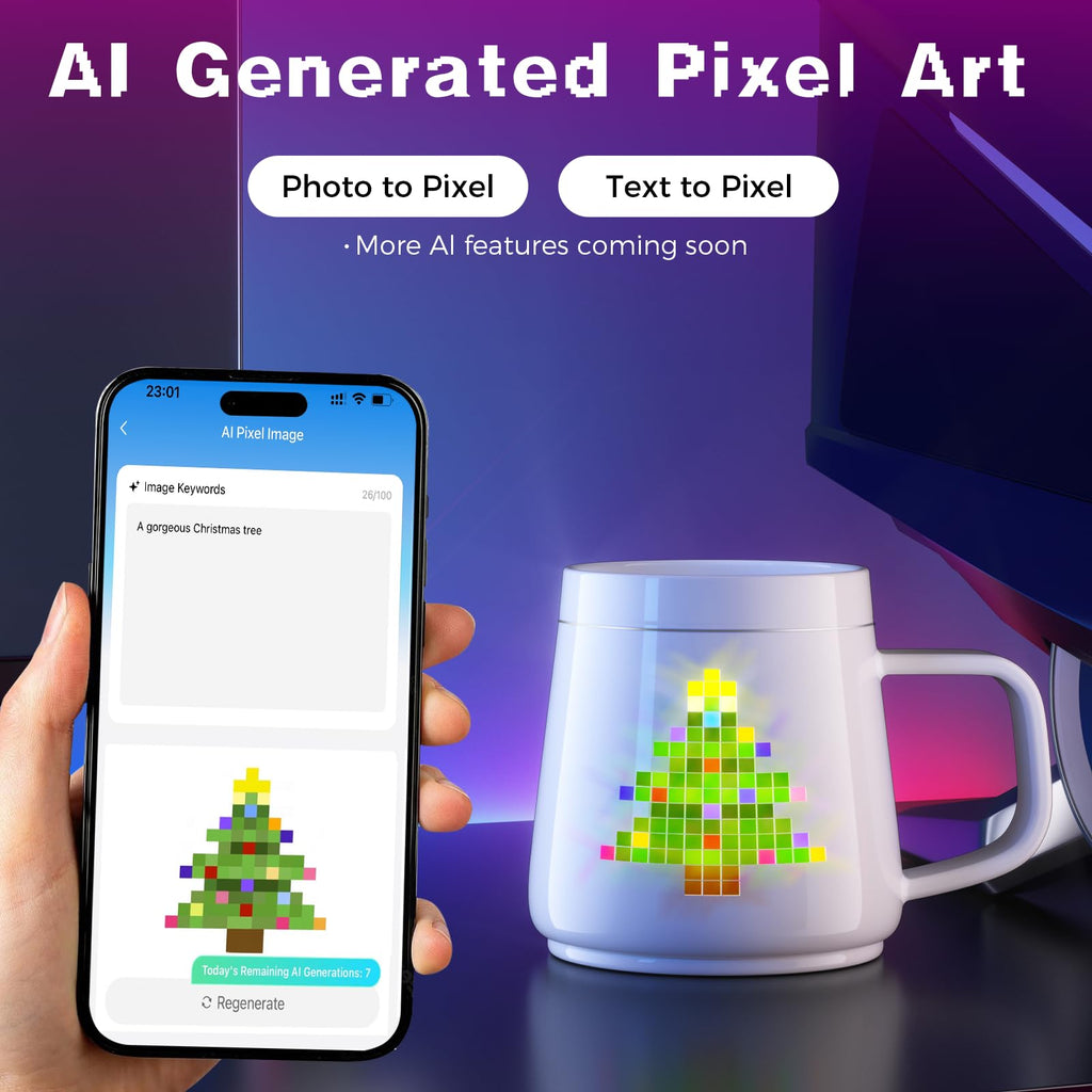 PixelMug P1:AI-Enhanced Smart Mug with Pixel Display|DIY Pixel Art|Remote Interaction|Coffee Temperature Tracking|App Control|Clock|Personalized Gift for Thanksgiving,Birthday,Christmas,Right Handle
