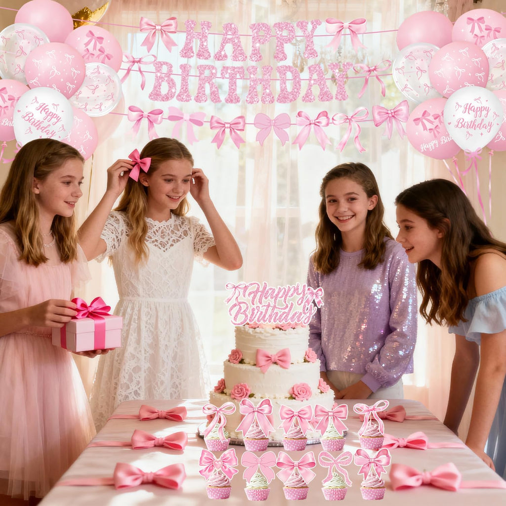 Pink Bow Birthday Decorations - Complete Party Set with Plates, Napkins, Cups & Balloons | Serves 20