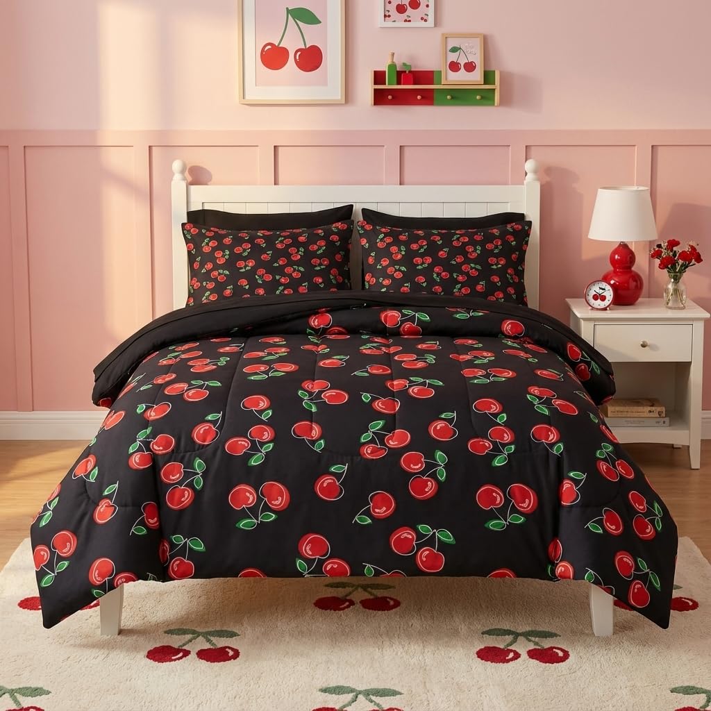 Nesker 7 Pcs Comforter Set Queen Size, Red and Black Bedding for Kids Teen, Cherry Fruit Bed Sheet with Pillowcase & Sham