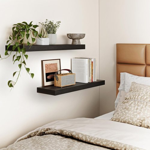Fixwal Black Floating Shelves - 22" Rustic Wall-Mounted Wood Shelves for Living Room, Bedroom & Kitchen | Set of 2