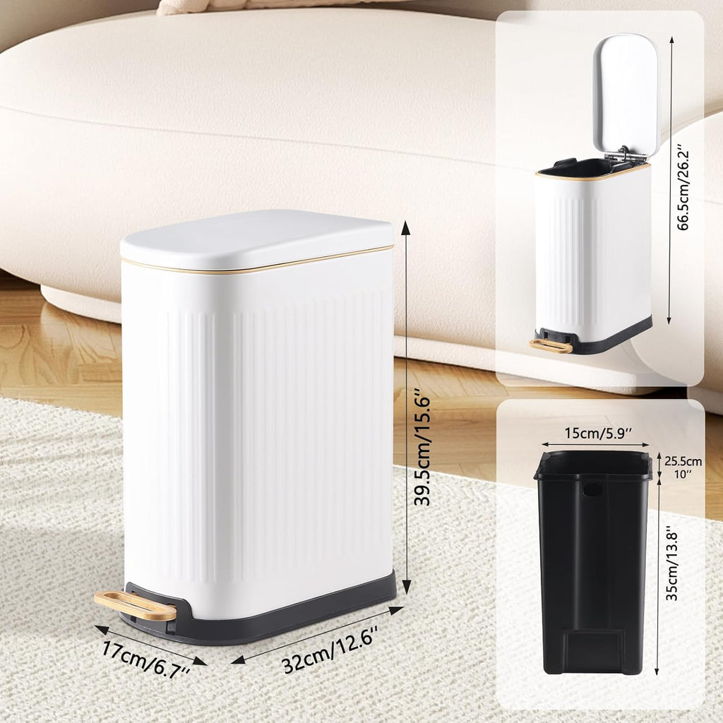 SYNCVIBE Slim Bathroom Trash Can - Soft Close Lid & Removable Inner Bucket | 3.5 Gallons, Matte White